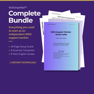 Peut inclure: Un ensemble complet de guides et de modèles numériques pour les travailleurs de soutien NDIS indépendants. L'ensemble comprend un guide de configuration de 36 pages, 8 modèles essentiels et 8 guides en anglais simple. La couverture est bleue et violette.