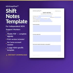 Modelo de Anotações de Turno para Cuidador de Apoio do NDIS | PDF Preenchível e Imprimível | Trabalhador Autônomo | Download Imediato