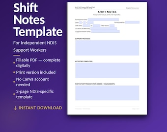 NDIS Support Worker Shift Notes Template | Fillable & Printable PDF | Sole Trader | Instant Download