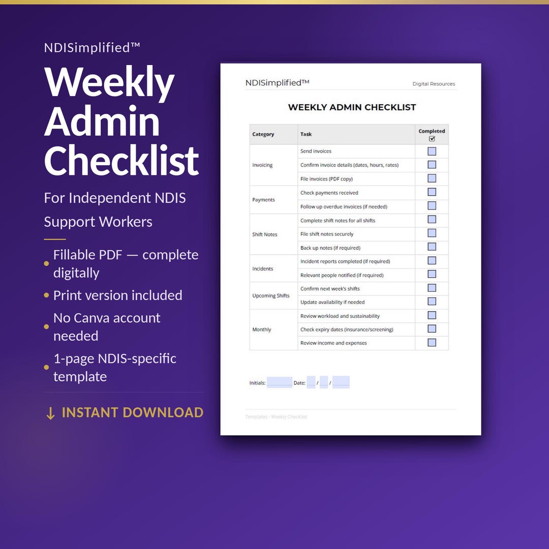 Ndis Checklist.pdf NDIS Support Worker Weekly Admin Checklist | Fillable & Printable PDF ...