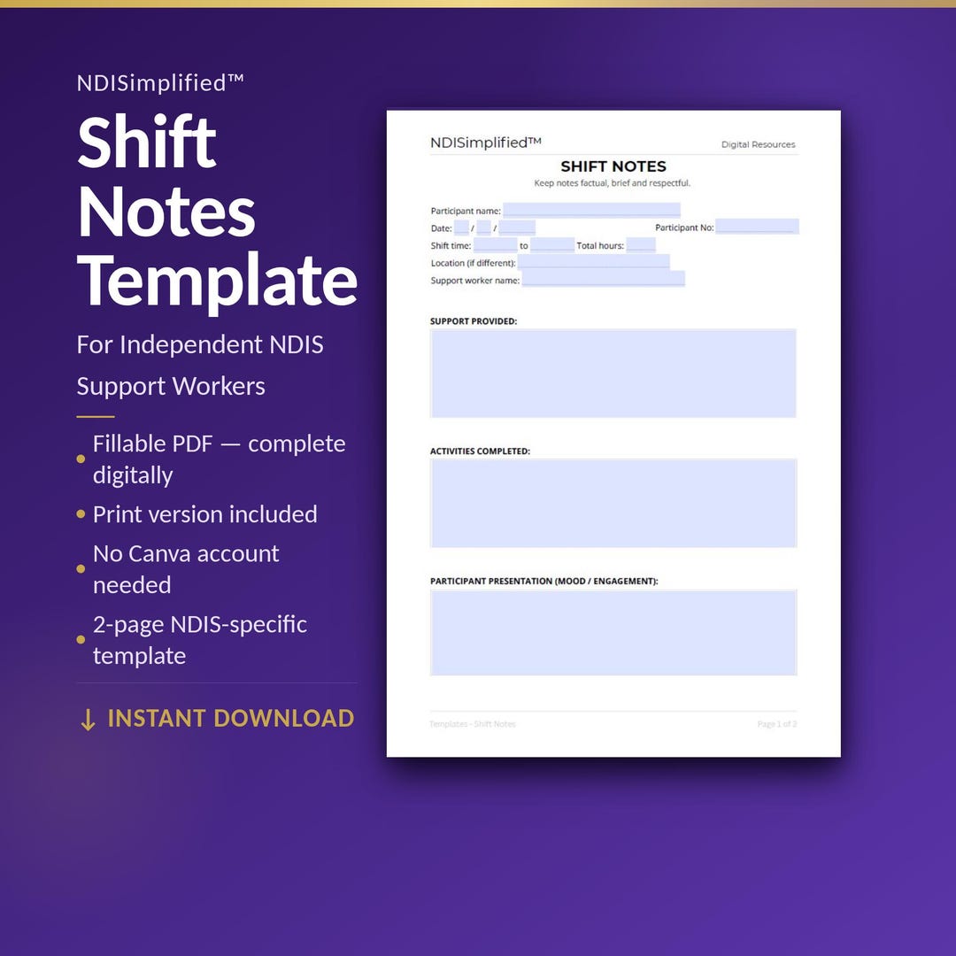 Algorithm Colored Shift Fillable NDIS Support Worker Shift Notes Template | Fillable & Printable PDF ...