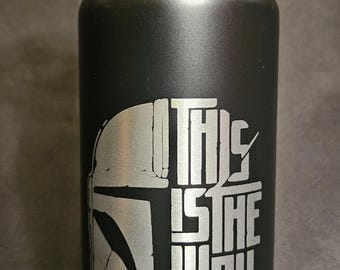 Mandalorian Aesthetic 20oz Laser Engraved Bottle with Matching Slate Coaster - Personalize With Your Name
