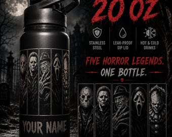 Horror Legends Personalized 20oz Water Bottle | Laser Engraved Stainless Steel Tumbler | Horror Character Bottle | Gift for Horror Fans