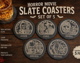 Horror Movie Slate Coasters Set of 5 | Personalized Laser Engraved Coasters | Pick Any 5 Designs | Scary Decor Gift | Custom Name Coasters