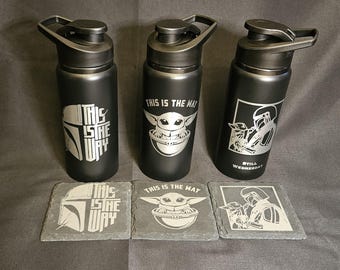 This is the Way Galaxy Bundle Gift Set | 3 Personalized 20oz Water Bottle & Slate Coasters | Mandalorian Inspired Custom Drinkware