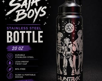 Saja Boys Anime Stainless Steel Water Bottle – 20oz Black Engraved Bottle – Kpop Inspired Tumbler – Gift for Anime Fans – Huntrix Style Cup