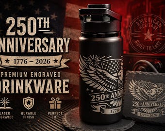 250th Anniversary Patriotic Gift Set | Personalized Water Bottle & Slate Coaster | 1776-2026 American Eagle Design | HUGE Bulk Discounts