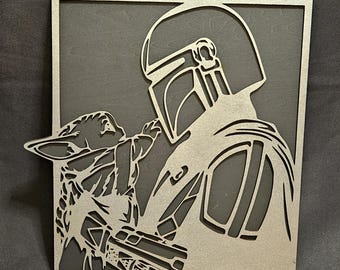 Star Wars Inspired Bounty Hunter & Child Layered Wood Wall Art | Laser Cut Wooden Sign | Fan Decor | Nursery Gift