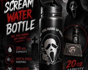 20oz Horror Water Bottle with Matching Slate Coaster – “No, You Hang Up First” Ghostface Inspired Tumbler Gift - Personalize With Your Name