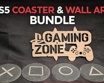 PS5 Gaming Decor Bundle, Slate Coasters Set of 4, Walnut Gaming Zone Wall Art, PlayStation Symbols Coasters, Gamer Room Decor Gift
