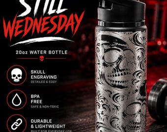 Skull Pattern Water Bottle | Custom Name 20oz Stainless Steel Bottle | Dark Aesthetic Drinkware