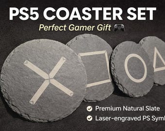 PS5 Slate Coasters Set of 4 – Engraved PlayStation Symbols – Gamer Gift – Laser Engraved Slate Drink Coasters