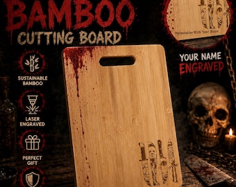 Horror Movie Knife Bamboo Cutting Board | Personalized Laser Engraved Cutting Board | Scary Kitchen Decor Gift | Custom Name Chopping Board