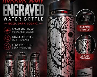 Horror Icon Engraved Stainless Steel Water Bottle, The Whole Gang Design
