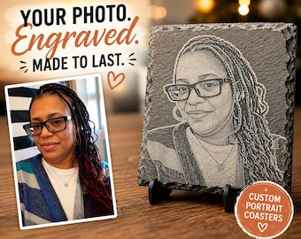 Dessous de verre portrait personnalisé en ardoise | Transformez votre photo en un souvenir gravé | Cadeau personnalisé de sous-verre photo | Décoration commémorative et familiale personnalisée
