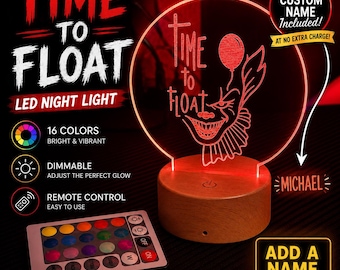 Veilleuse LED Time to Float | Lampe acrylique inspirée de l'horreur | Décoration de télécommande 16 couleurs | Cadeau clown effrayant