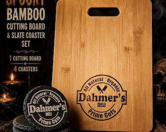 Dahmer’s Deli Bamboo Cutting Board & Slate Coaster Set | Spooky Horror Kitchen Decor | Laser Engraved Serving Board Gift Set