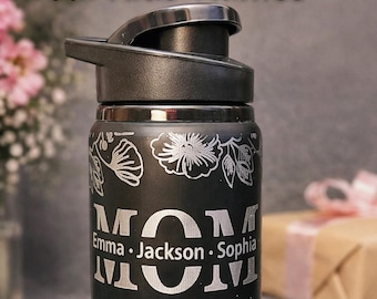 Personalized MOM Water Bottle with Kids Names | 20oz Stainless Steel Tumbler | Custom Gift for Mom Birthday | Laser Engraved