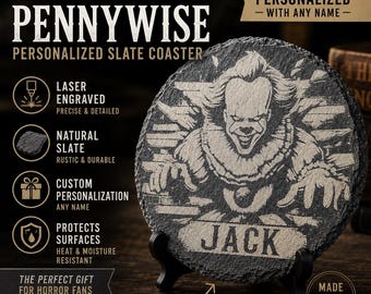 Personalized Pennywise Slate Coaster | Laser Engraved Horror Coaster | Custom Name Horror Gift | Rustic Stone Drink Coaster for Horror Fans
