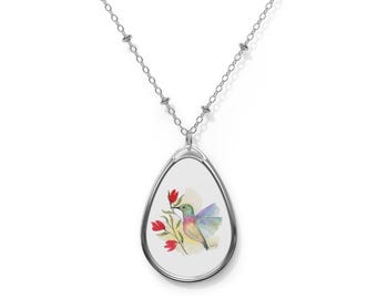 Aquarel kolibrie met tulpen ovale ketting | Druppelhanger