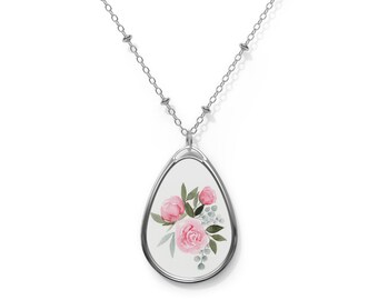 Roze bloemen aquarel druppel ovale ketting | Zilveren hanger