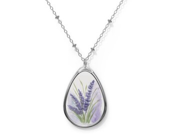 Lavendel druppelvormige illustratie ovale ketting | Bloemenhanger, zilverkleurig