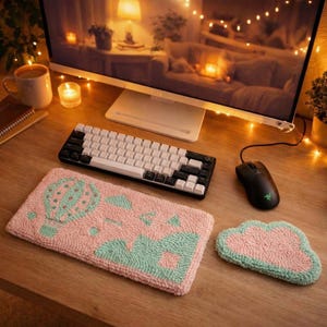 Cozy Punch Needle Desk Set | Handmade Keyboard & Mouse Wrist Rest | Aesthetic Office Decor | Textured Home Office Gift