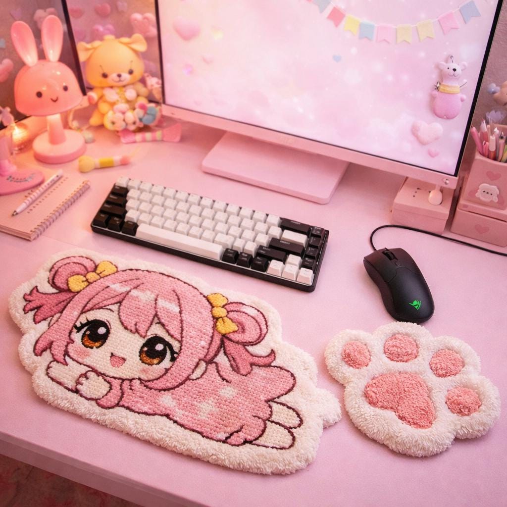 Chibi Anime Punch Needle Keyboard Wrist Rest & Mouse Pad Duo | Handmade ...