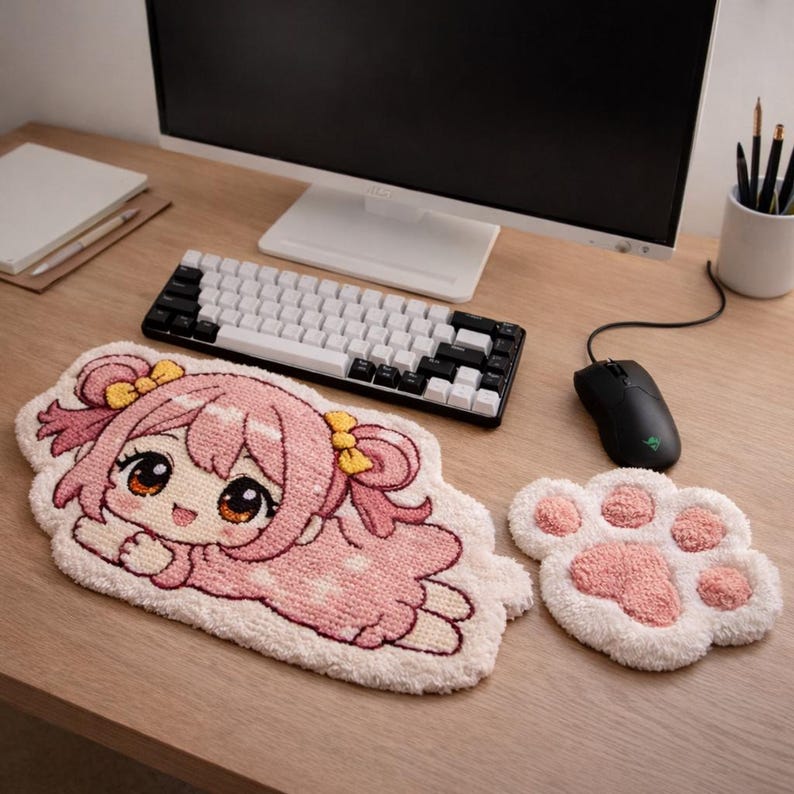 Chibi Anime Punch Needle Keyboard Wrist Rest & Mouse Pad Duo | Handmade ...