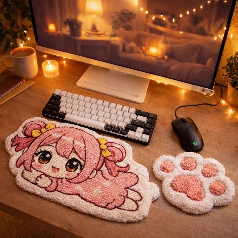 Chibi Anime Punch Needle Keyboard Wrist Rest & Mouse Pad Duo | Handmade ...