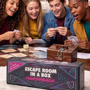May include: An "Escape Room in a Box" game, "Flashback," with a wooden box and a group of people playing. The game box is black with neon-style text and graphics. The game promises 3 paths and 90 minutes of play.