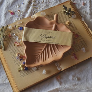 Peut inclure: Un plat en forme de feuille de couleur pêche avec le mot "Daphné" sur une étiquette en papier. Le plat repose sur un livre ouvert avec des fleurs séchées et des cristaux éparpillés autour. Un ornement en forme de libellule est visible.
