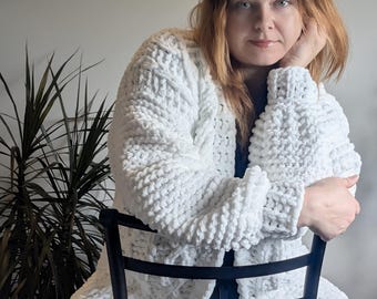 Chunky Knit Cardigan, White Plush Alize Puffy Sweater, Handmade Cable Jacket