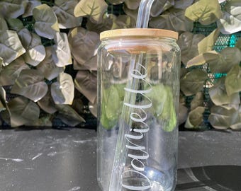 Custom Etched Coffee Glass with Glass Straw and Bamboo Lid I 16oz