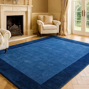 Hand Tufted Wool Area Rug, Modern Two-Tone Blue Broder Area, Minimalist Plush Carpet