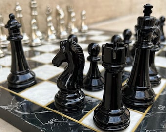 Large Handmade Chess Set With Weighted Pieces Marble Look Wooden Board Luxury Gift