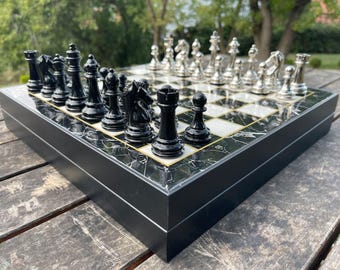 Luxury Chess Set with Storage Extra Large Marble Wooden Board, Weighted Metal Pieces 14.5"