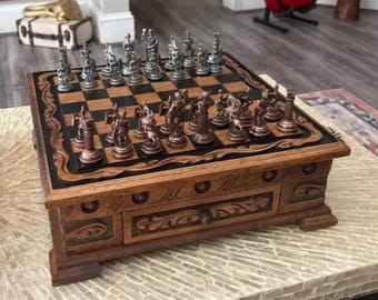 Antique Chess Set With Storage 100% Handmade Solid Walnut Wooden Vintage Board Roman Pieces