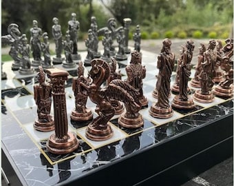 Handmade Mythology Chess Set With Storage Featuring Wooden Board Antique Weighted Figures 14.5"
