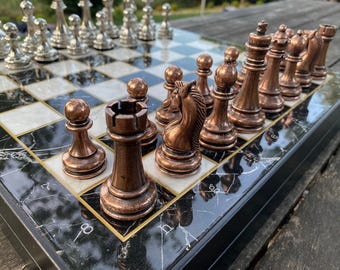 Extra Large Chess Set with Storage Wooden Board, Weighted Bronze Pieces 14.5" Luxury Gift