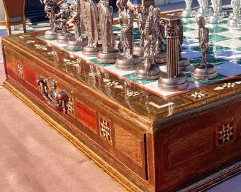 Antique chess set with storage handcrafted solid wooden board featuring crusader themed detailed pieces