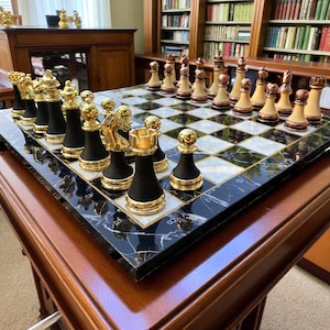May include: A luxury chess set with black and gold pieces on a marble-look board. The chess pieces are black with gold accents. The board is set on a dark wood table, with a library in the background.
