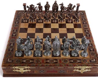 Jogo de xadrez antigo com espaço para guardar peças, Crusaders British, 100% feito à mão, tabuleiro grande de madeira maciça de 39 cm (15,3")