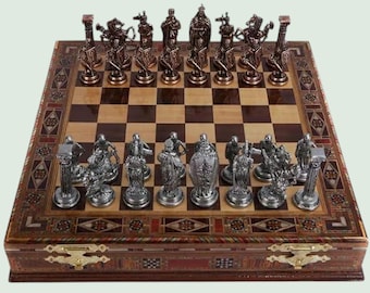 Antique Chess Set with Storage Crusaders British 100% Handmade Large Solid Wooden Board 15.3"