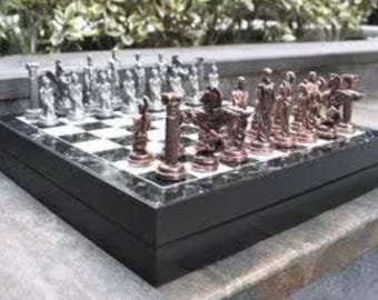 Mythology Chess Set Handmade Wooden Board With Storage Antique Weighted Metal Pieces 14.5"