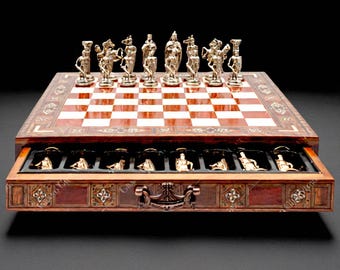 Chess Set with Drawers Antique Crusaders Pieces 100% Handmade Solid Wooden 15.3"