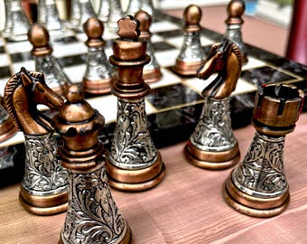 Luxury Handmade Chess Set – XL 16.5" Wooden Board with Weighted Bronze Copper Pieces