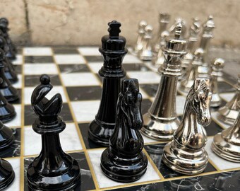 Luxury Large Chess Set Handmade With Weighted Pieces Marble Style Wooden Board Gift