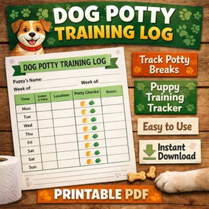 Könnte beinhalten: Ein druckbares PDF-Hundetöpfchentrainingsprotokoll mit einer Welpengrafik. Das Protokoll enthält Abschnitte für Zeit, Ort und Notizen. Zusätzliche Grafiken sind "Track Potty Breaks", "Puppy Training Tracker", "Easy to Use" und "Instant Download".