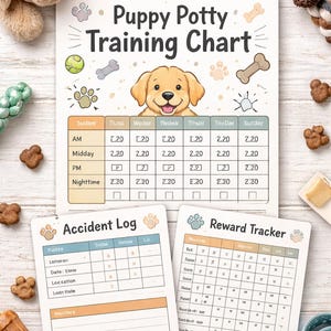 Könnte beinhalten: Ein Welpen-Stubenreintrainings-Diagramm mit einer Cartoon-Hunde-Illustration, zusammen mit einem Unfallprotokoll und einem Belohnungs-Tracker. Das Diagramm enthält Abschnitte für AM, Mittag, PM und Nacht.